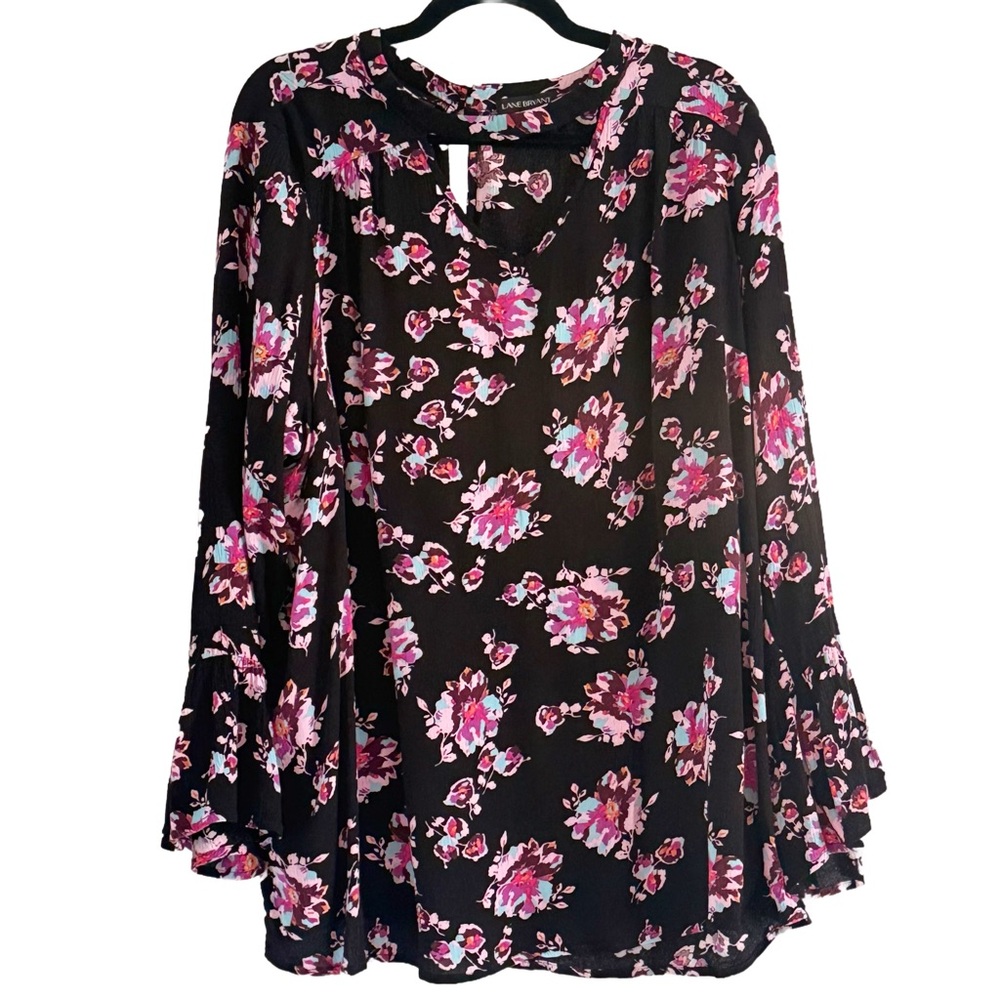 🌼 Lane Bryant Black and Pink Floral Cut Out Blouse